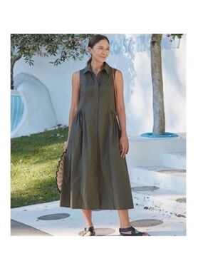 MAYE Women’s Sleeveless Olive Button-Front 100% Cotton Casual Midi Dress